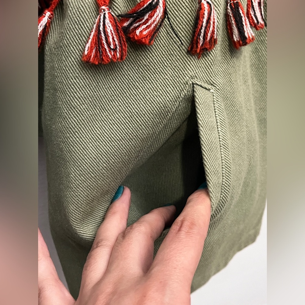 Olive Green Tassel Trim Oversized Boho Aztec Jean Jacket Large - Picture 5 of 10